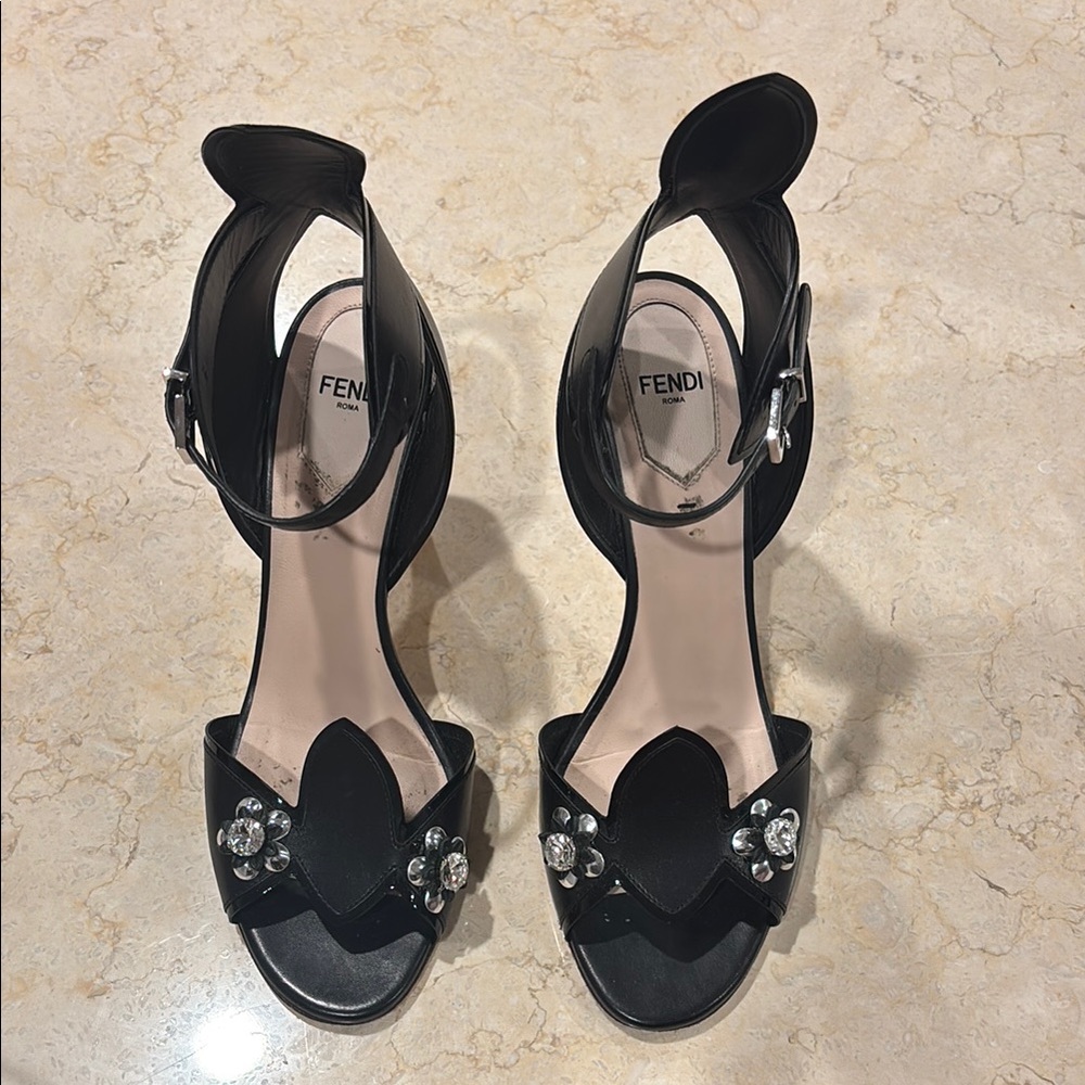 Fendi Black Sandals with Crystal Flower Embellishments